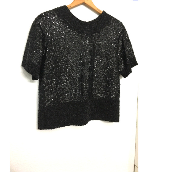 SALE. Vintage Black Beaded Sequin Blouse  - 1960's Cocktail Evening Blouse - LG - Picture 1 of 8